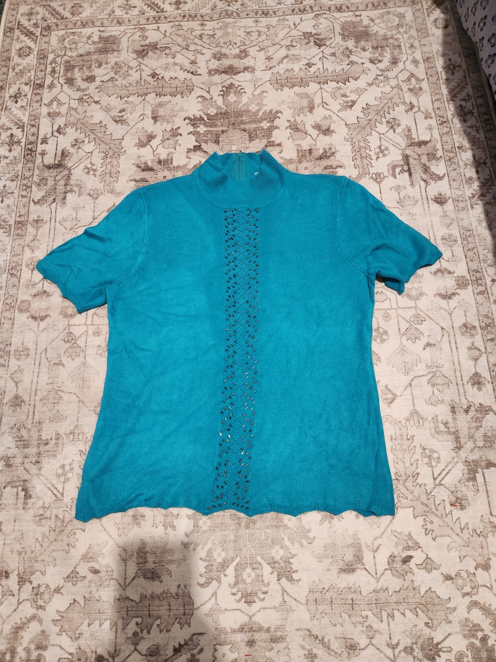 Koret Teal Short-Sleeve Mock Neck Top with Center Eyelet Detail